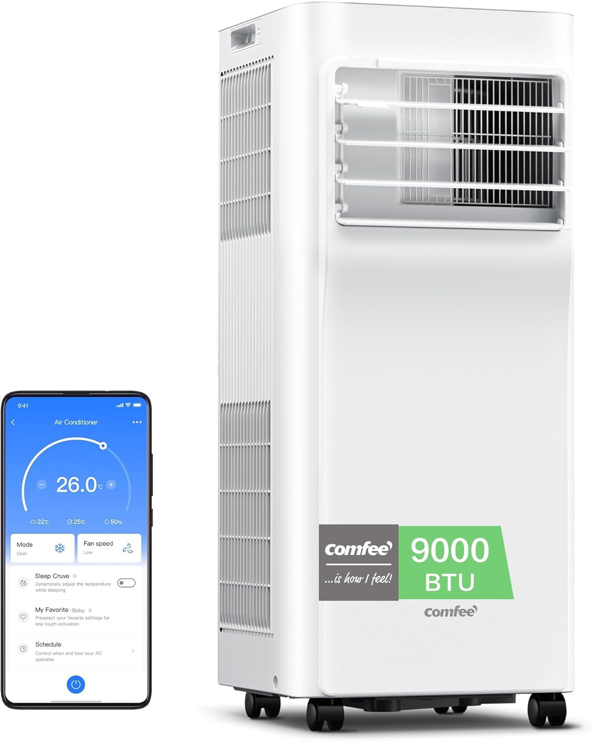 COMFEE Pingüino Aire Acondicionado Portátil 3 en 1 | 9000 BTU/2250 FrigorÃas Con App + Mando a Distancia | Climatizador y Deshumidificador | Bajo Consumo | Función Follow Me | Incluye kit de ventana