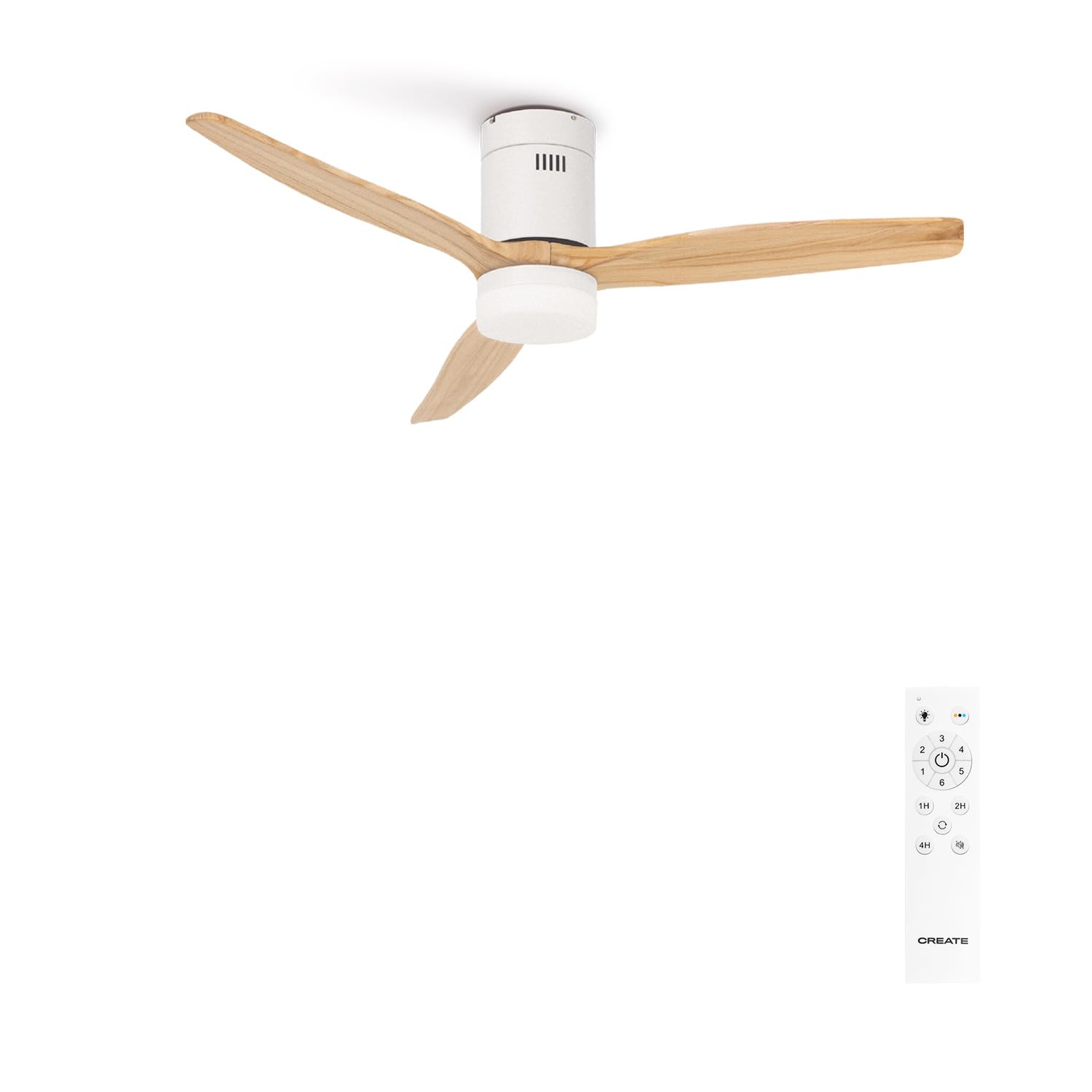CREATE/WINDCALM/Ventilador de techo ABS con luz blanco aspas efecto madera clara y mando / 40W, Silencioso, Ø132 cm, 6 velocidades, 3 temperaturas de luz, temporizador, función verano-invierno