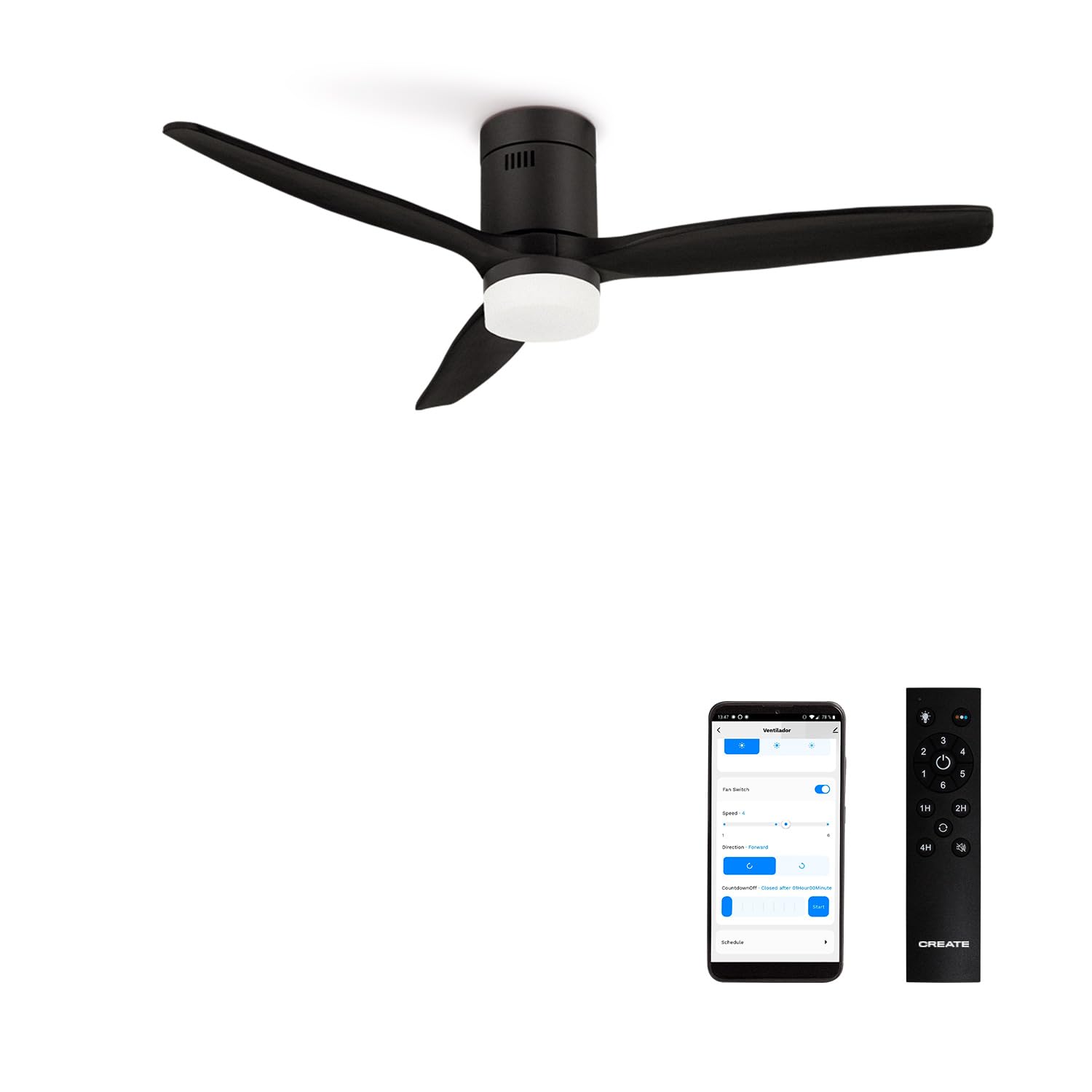 CREATE / WINDCALM/Ventilador de techo ABS con luz negro con Wifi y mando / 40W, Silencioso, Ø132 cm, 6 velocidades, 3 temperaturas de luz, temporizador, función verano-invierno