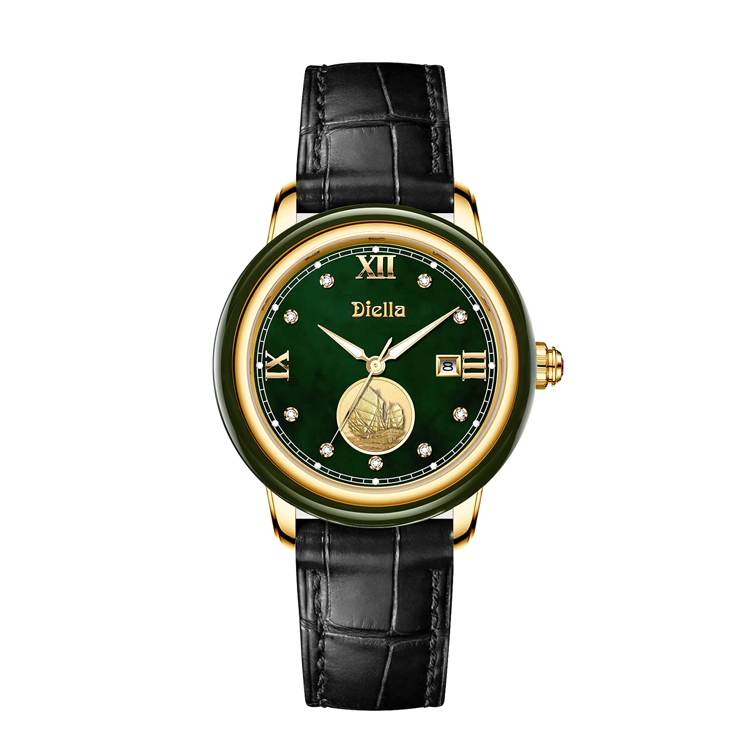 Diella Reloj impermeable para mujer, reloj de pulsera de cuero y movimiento de cuarzo japonés, relojes analógicos de moda, espejo de cristal de zafiro y circonitas de corona de rubà (AD5002L)