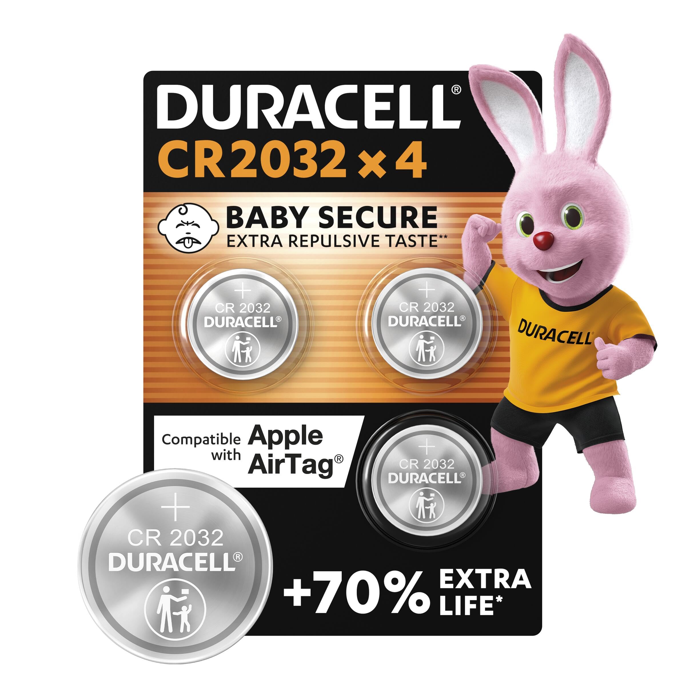 Duracell CR2032 pilas de botón de litio 3 V (paquete de 4) - Hasta un 70 % extra duración - TecnologÃa Baby Secure - Para Apple AirTag, llaves remotas, dispositivos domésticos, deportivos y médicos