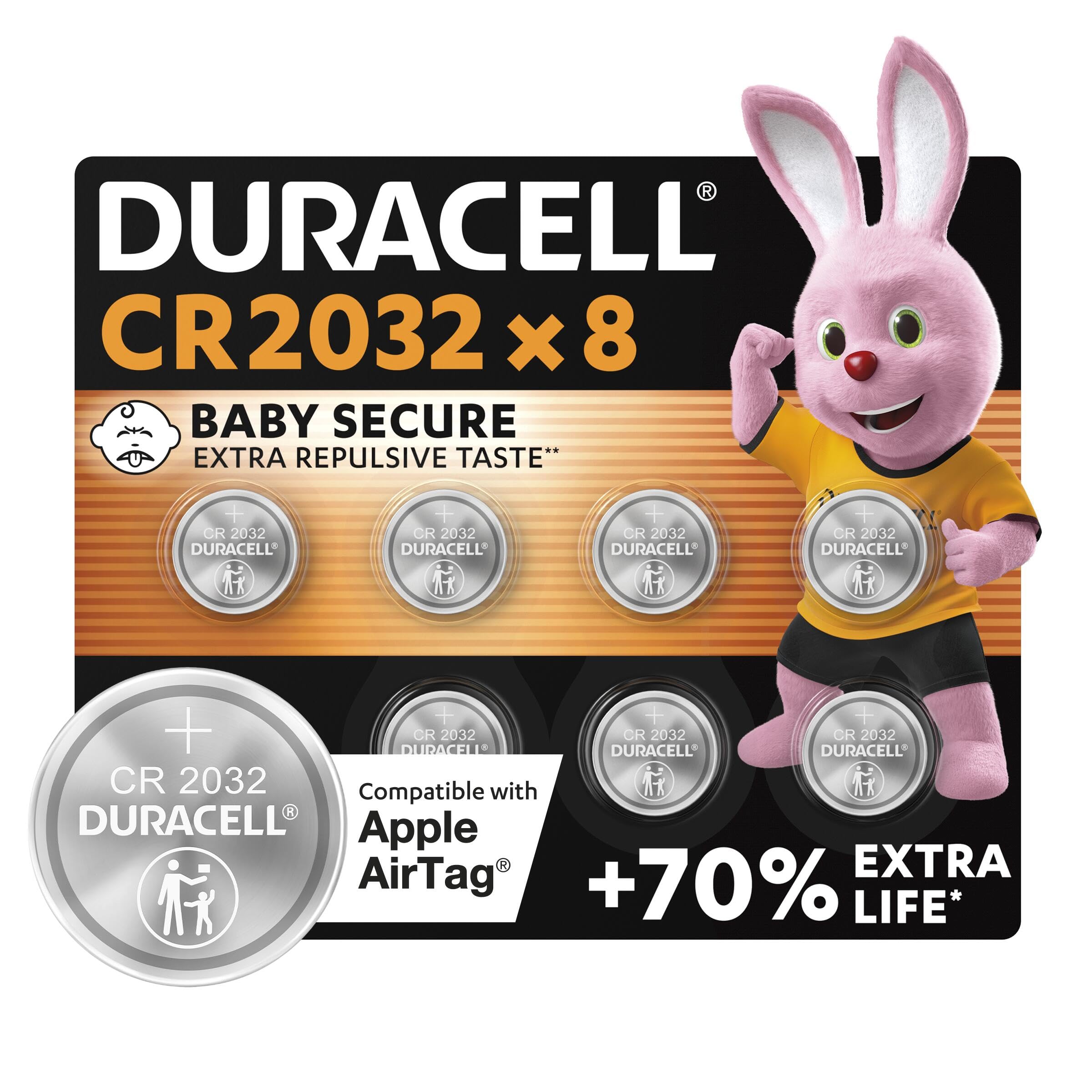 Duracell CR2032 pilas de botón de litio 3 V (paquete de 8) - Hasta un 70 % extra duración - TecnologÃa Baby Secure - Para Apple AirTag, llaves remotas, dispositivos domésticos, deportivos y médicos