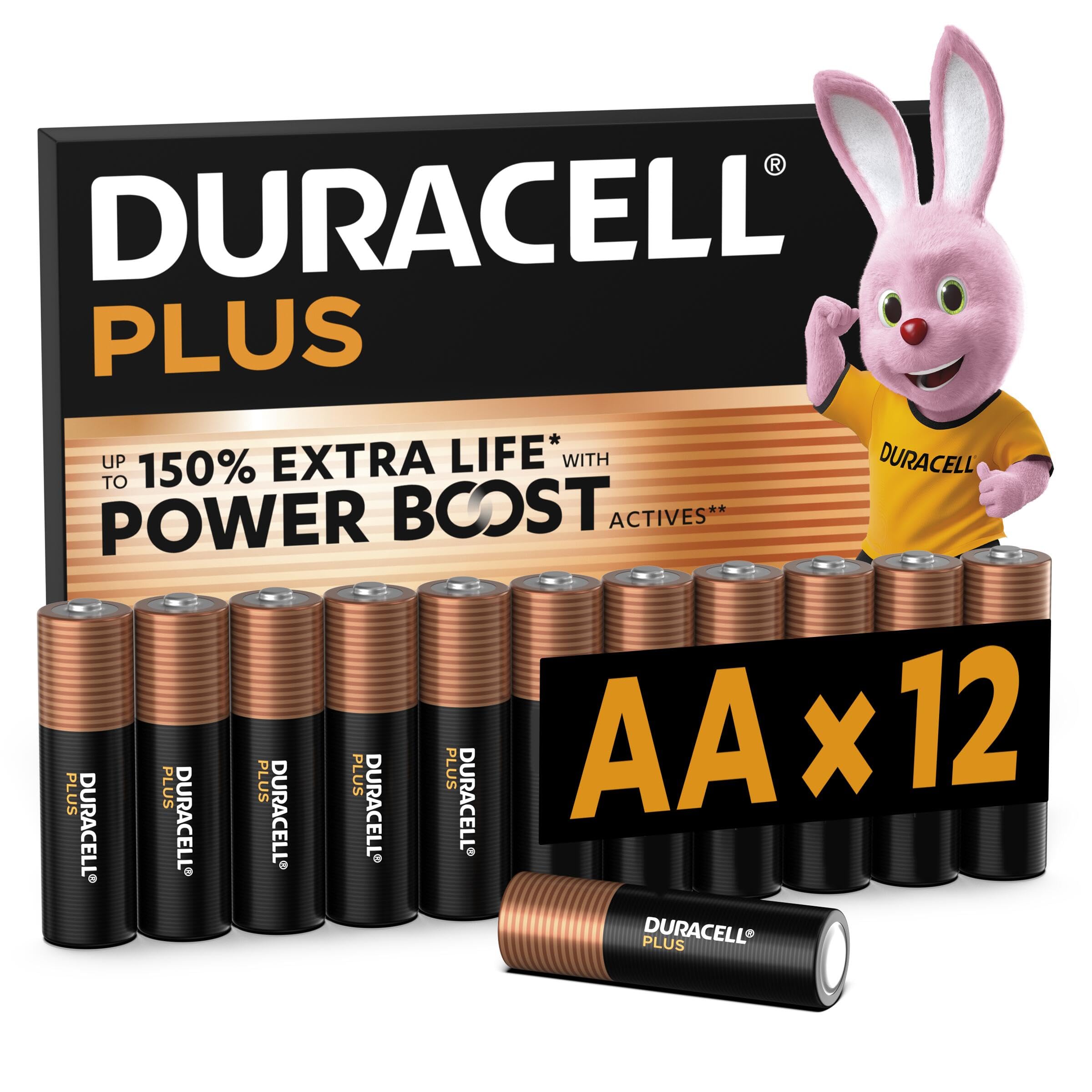 DURACELL Plus Pilas AA (Paquete de 12) – Pilas alcalinas 1,5 V – Hasta un 150 % de duración extra con activos POWER BOOST–Fiabilidad para dispositivos cotidianos–Envase con 0 % de plástico–MN1500