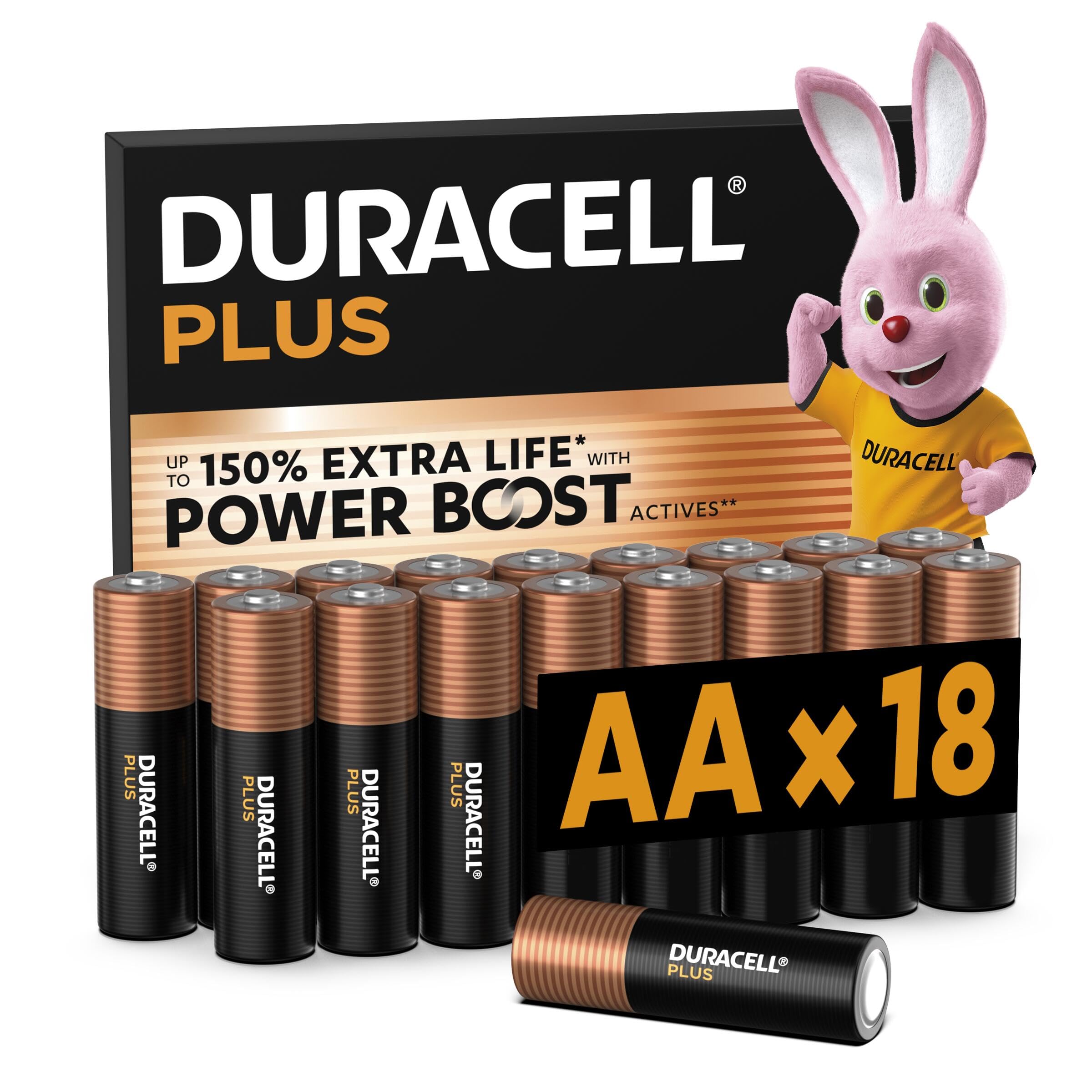 DURACELL Plus Pilas AA (Paquete de 18) – Pilas alcalinas 1,5 V – Hasta un 150 % de duración extra con activos POWER BOOST–Fiabilidad para dispositivos cotidianos–Envase con 0 % de plástico–MN1500