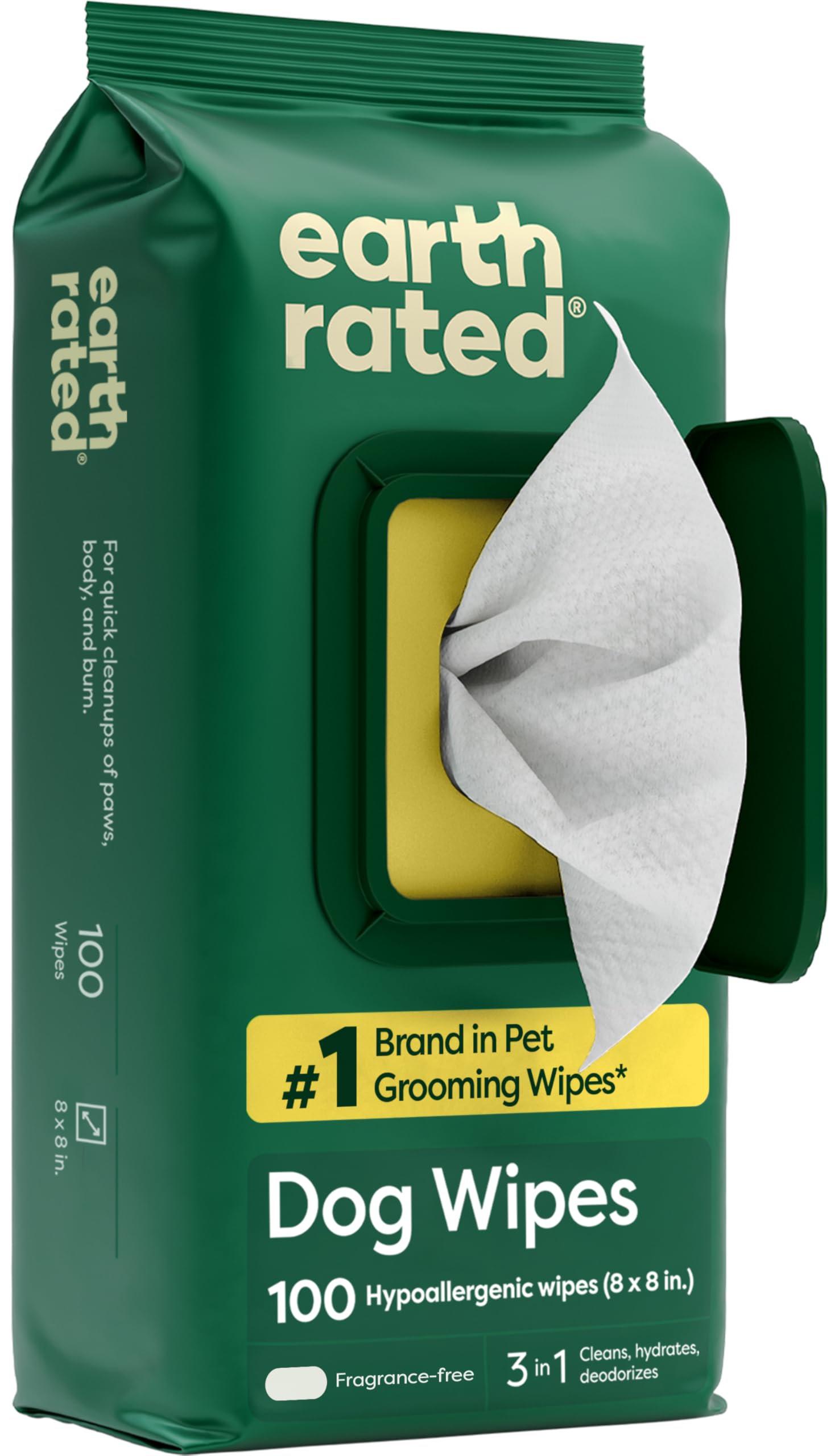 Earth Rated Toallitas hipoalergénicas para Perros, para Limpiar y Eliminar olores de Patas, Cuerpo y Trasero, Cachorros y Perros Adultos, sin Aroma, 100 Unidades