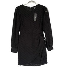 Vestido Lulus para mujer pequeño negro manga larga punto suizo envolvente mini forrado fiesta 67921
