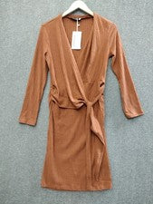 Mini Vestido Para Mujer Prettywear Acanalado Manga Larga Marrón Claro Línea Envolvente Pecho M