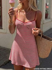 Sexy y de moda versátil vacaciones espagueti tirantes mini vestido con rayas,