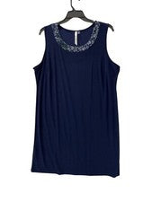 Vestido midi sin mangas NY Collections para mujer 2X azul floral cuello ribete tejido