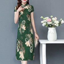 Mujer Qipao Vestido Primavera Estilo Chino Clásico Estampado Floral Manga Corta