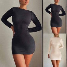 Vestido monocromático cubierta de cadera manga larga cuello redondo sin espalda temperamento
