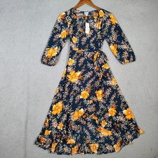 Vestido azul envolvente de lluvia para mujer pequeño azul marino floral atado cintura volantes dobladillo cabaña nuevo