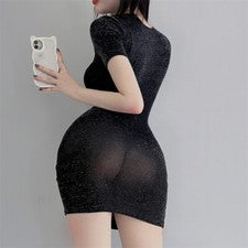 Damen Glänzend Netzkleid Sexy Enge Passform Halbdurchsichtig Bodycon Diskothek