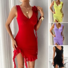 Damen Bodycon V-Ausschnitt Sommer Ärmellos Rüsche Cocktail Party Club Reiz
