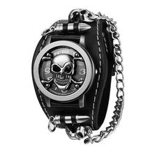 Herren-Quarzuhr mit Punk-Biker-Schädel und Bullet-Kette, breitem Lederband
