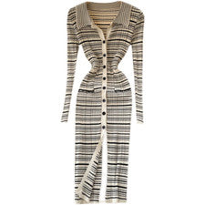 Vestido midi de punto a rayas para mujer manga larga cuello en V botones bodycon