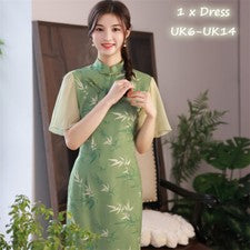 Vestido Cheongsam mujer verde satinado midi vintage retro floral volantes
