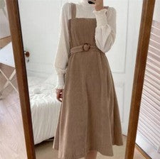 Vestido midi de mujer de moda cordón con cinturón incorrecto dos piezas túnica volantes mangas abullonadas