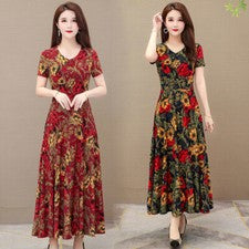 Maxivestido floral mujer cuello en V línea A manga corta elegante vintage verano