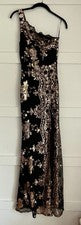 Vestido Para Mujer Moda Nova Largo Elegante 1 Hombro Lentejuelas Dorado y Negro - Talla S