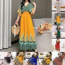 Elegante Vestido de Verano con Estampado Floral Bohemio Cintura Elástica y Dobladillo Grande para