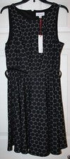 Nuevo con etiquetas Vestido sin mangas Elle para mujer negro blanco punto retro elegante con cinturón talla 10