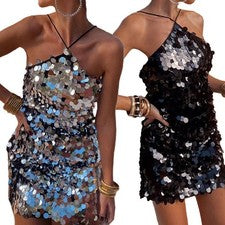 Vestido de fiesta de lentejuelas sin mangas sin espalda para mujer sexy cuello halter Club Abe