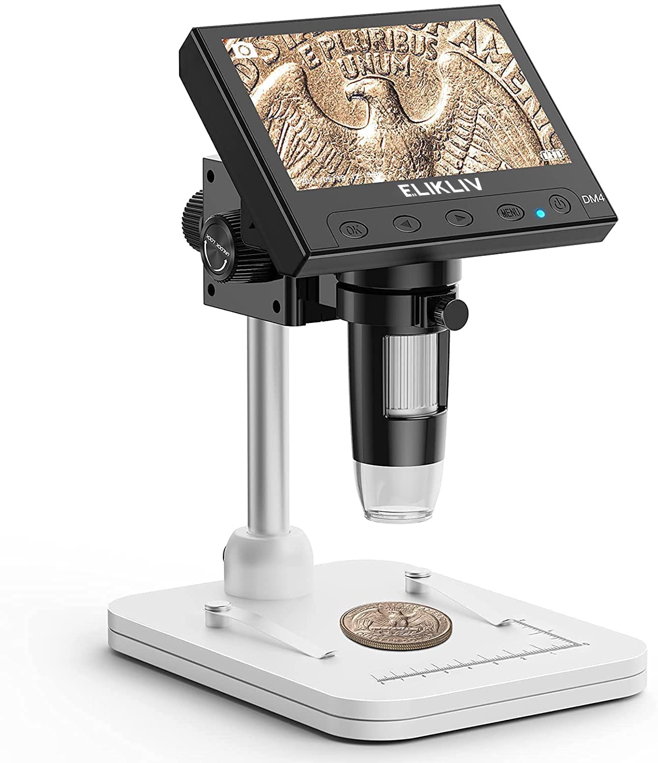 Elikliv Microscopio Digital LCD para Monedas 1000x, Lupa con 8 Luces LED Ajustables, Vista PC Compatible con Windows, EDM4, 4,3 Pulgadas