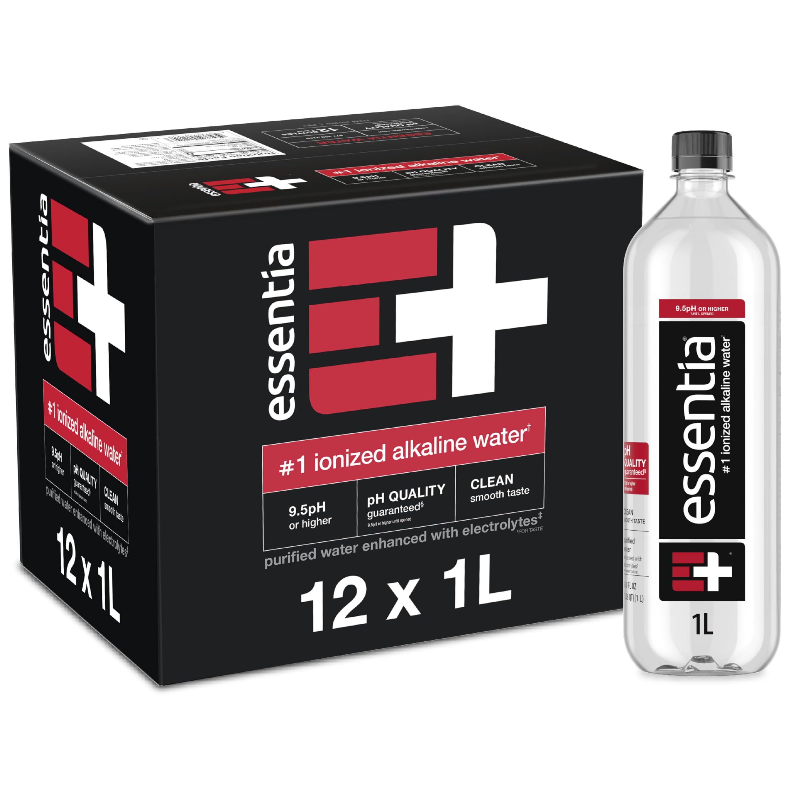 Essentia Water Embotellado, 99,9% puro, infundido con electrolitos para un sabor suave, pH 9,5 o superior, 12 botellas de 1 litro