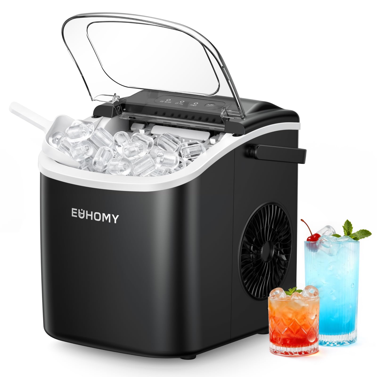 EUHOMY Máquina de Hielo: 9 Cubos en 6 Minutos, Maquina de Hacer Hielo Autolimpiable, 12Kg/24H, 2 Tamaños de Hielo, con aAsa, Pala para Hielo y Cesta Ideal Para Inicio/Cocina/Oficina/Bar, Negra mate