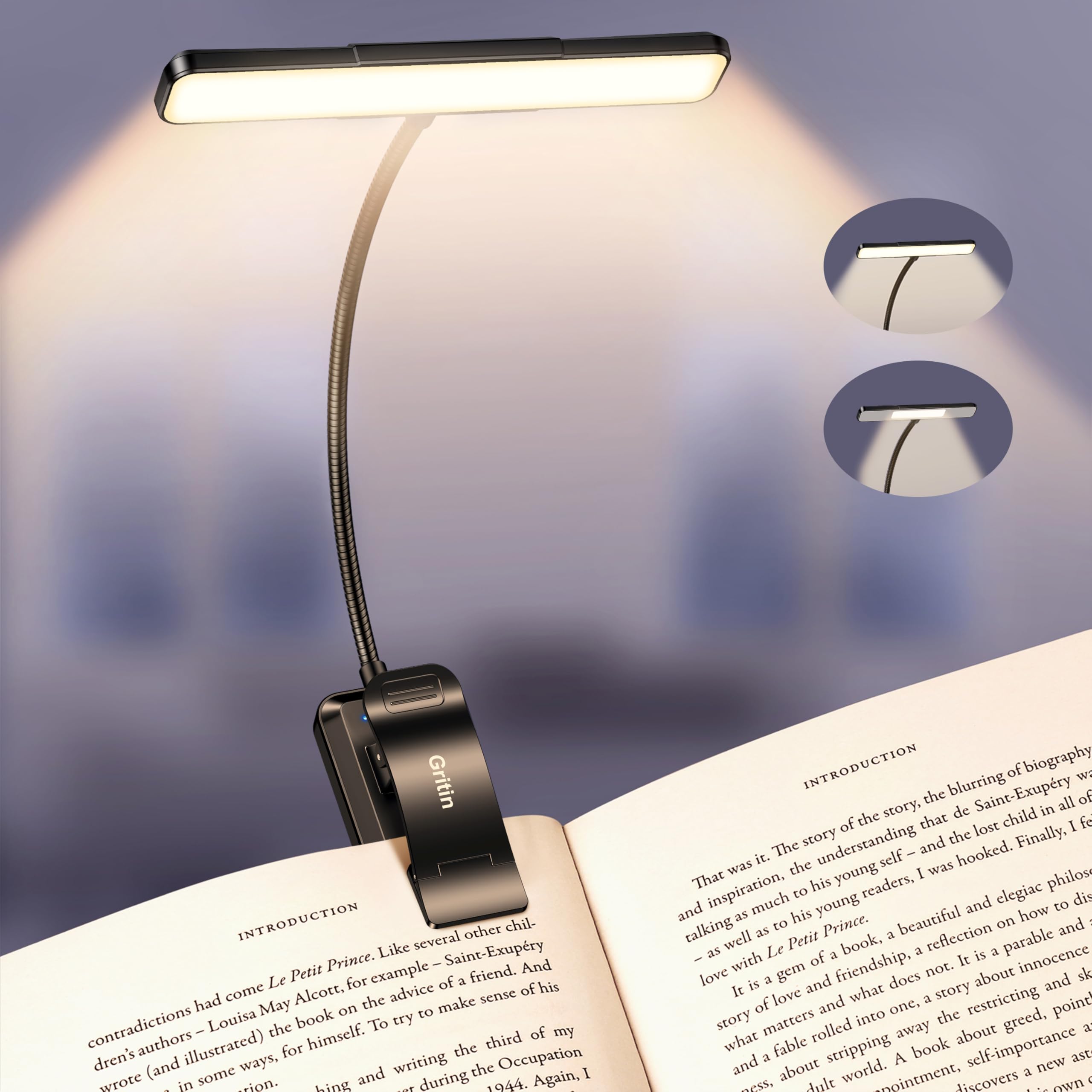 Gritin 2026 Gen 2 Luz Lectura Recargable, 32 LED de Espectro Completo para Protección Ocular, 5 Colores y 5 Niveles de Brillo, Ajustable Haz Ancho/Estrecho, BaterÃa Larga Duración Ideal para leer