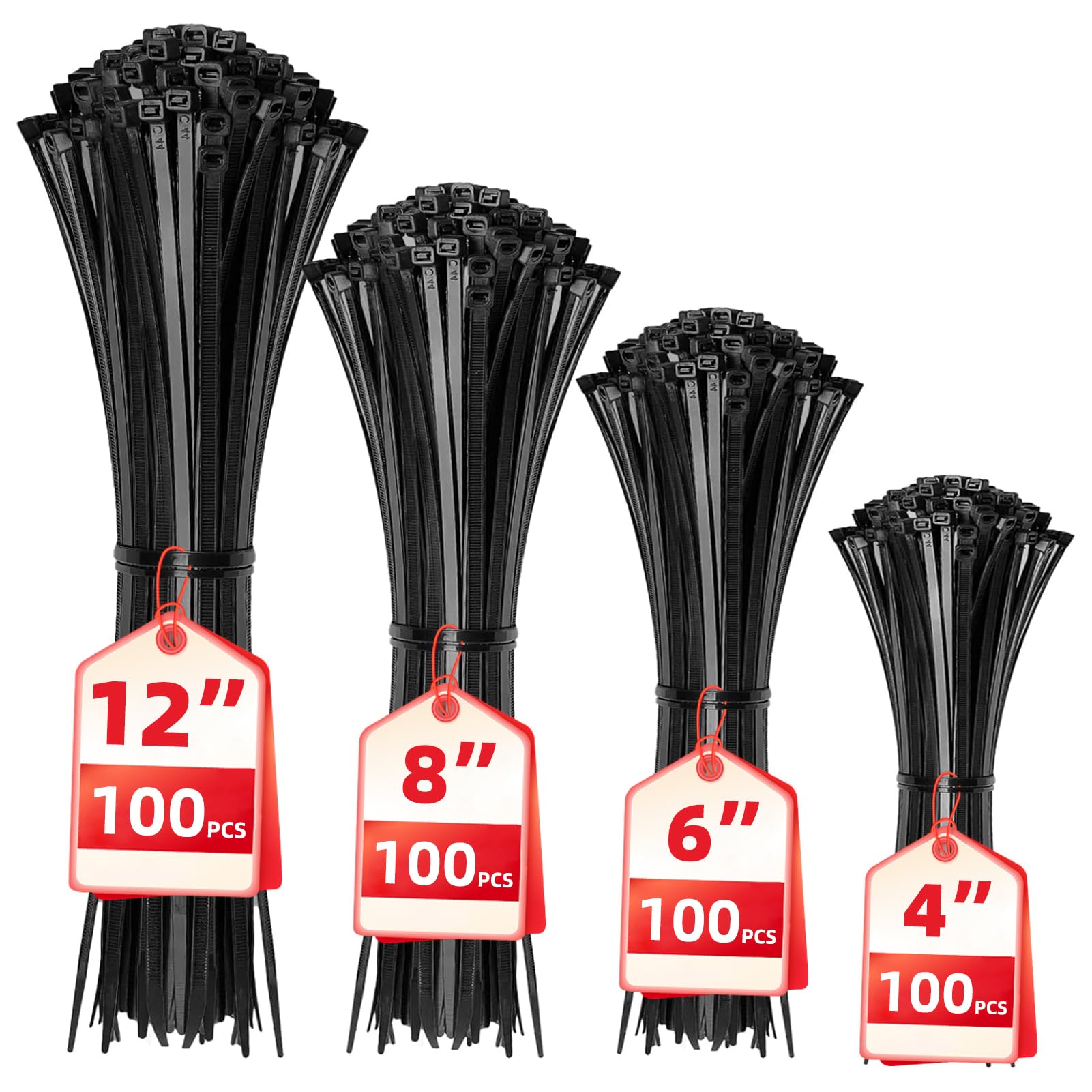HAVE ME TD Paquete de 400 bridas para cables, negro, nailon, autobloqueo, varios tamaños 4/6/8/12 pulgadas
