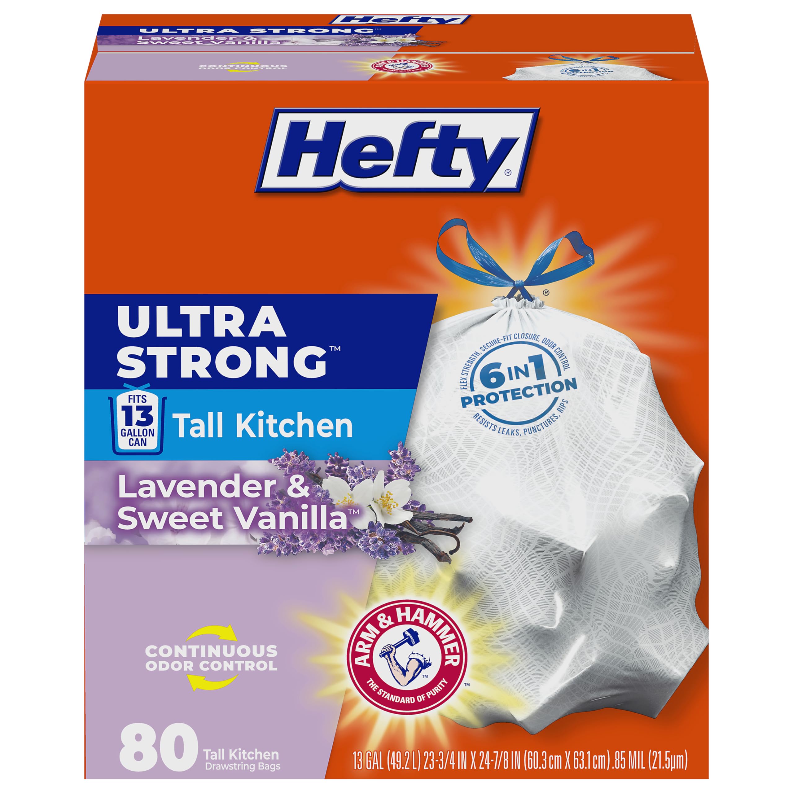 Hefty 10013700016605 Bolsas de basura de cocina ultra fuertes y altas, lavanda y vainilla dulce, 13 galones, 80 unidades, (paquete de 1), color blanco