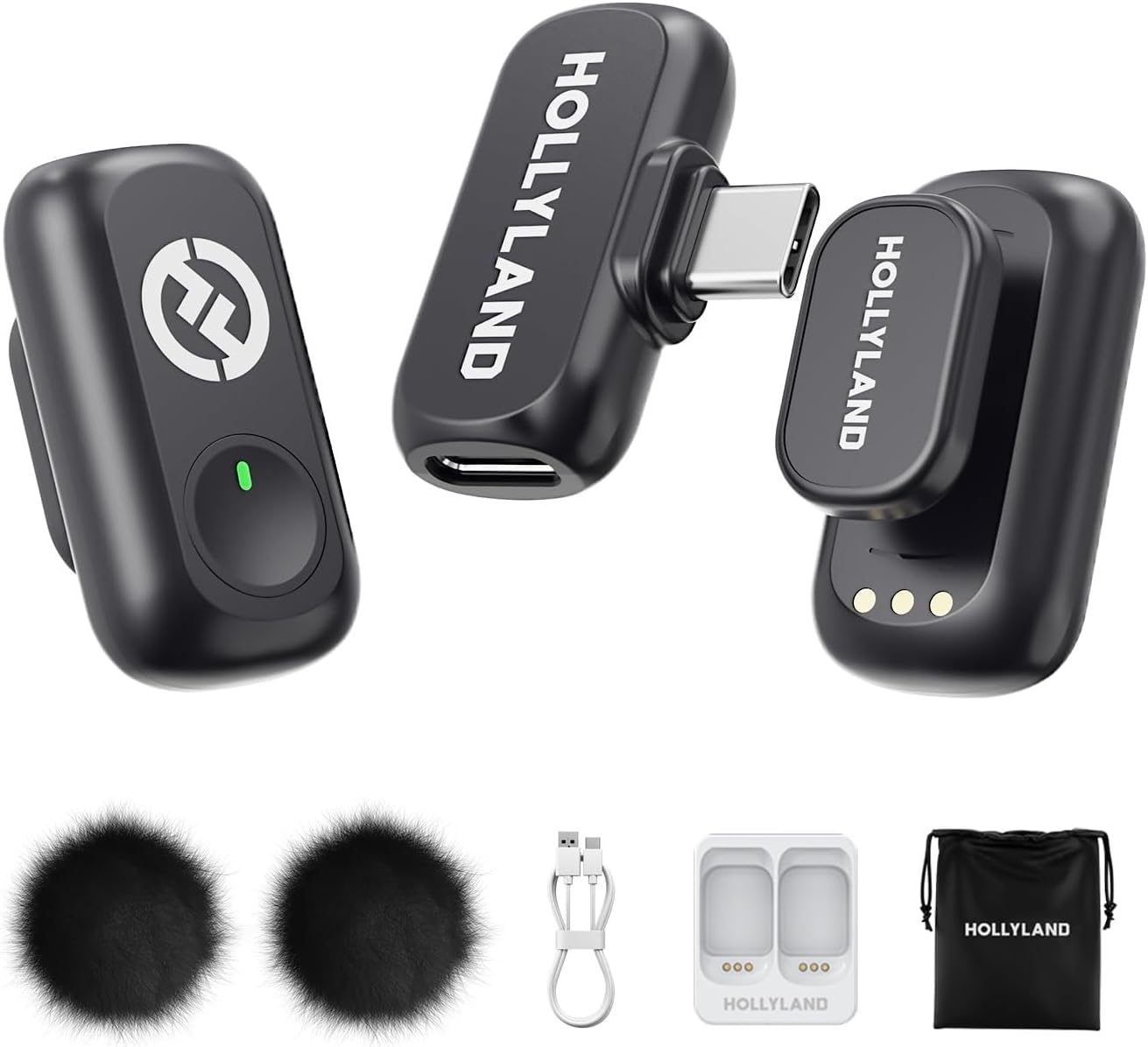 Hollyland Lark A1 Mini Duo - Mini micrófono inalámbrico para iPhone 15/16 y Android (2 TX + USB-C RX), micrófono magnético para Youtube, TikTok, podcasts y Vlogs (Negro, sin Estuche de Carga)