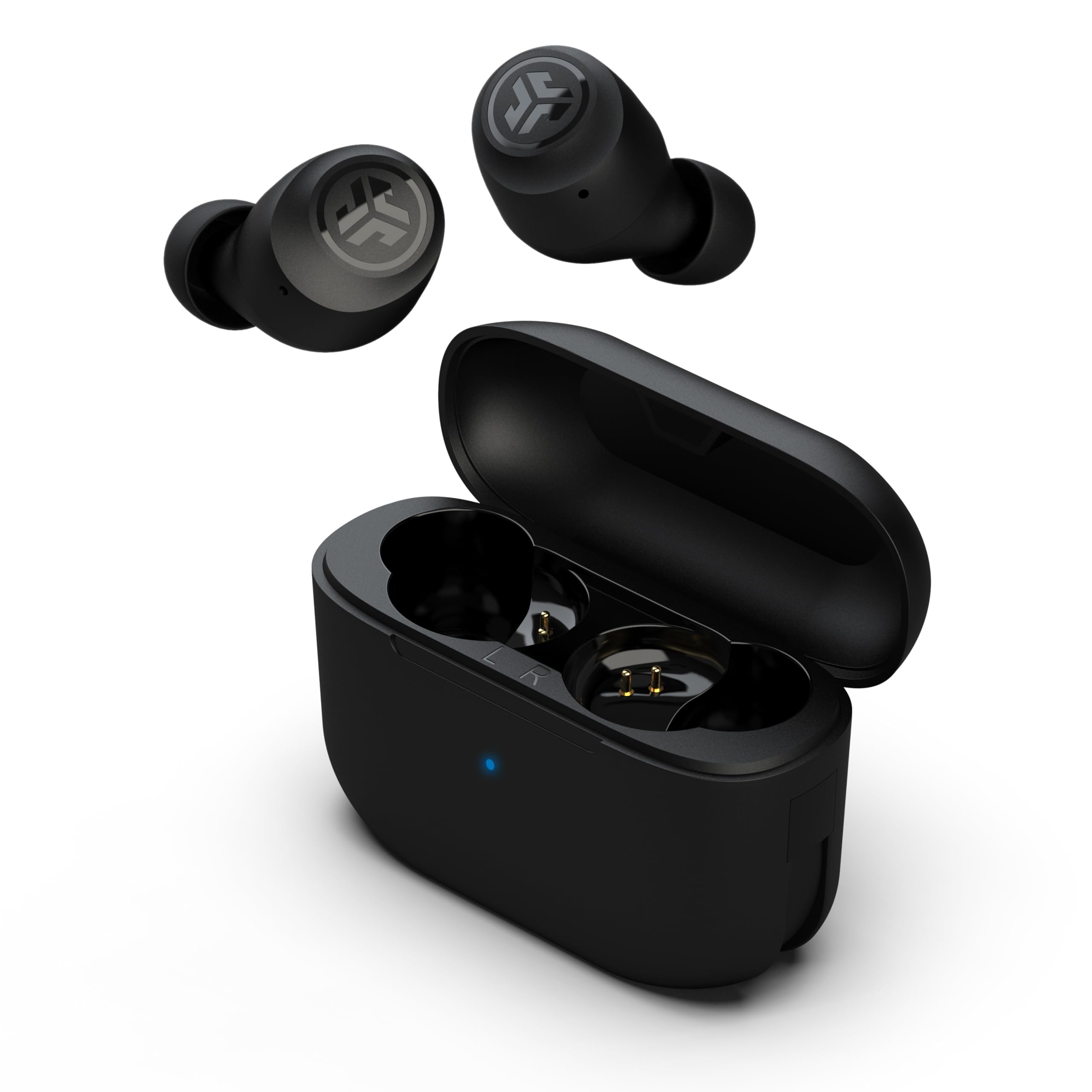 JLab Go Air Pop+ Auriculares Inalambricos Bluetooth, Wireless Earbuds 35+ Horas Rendimiento con Caja de Carga - Audifonos Bluetooth Inalambricos con Micrófono, Dual Connect, App, Negro Medianoche