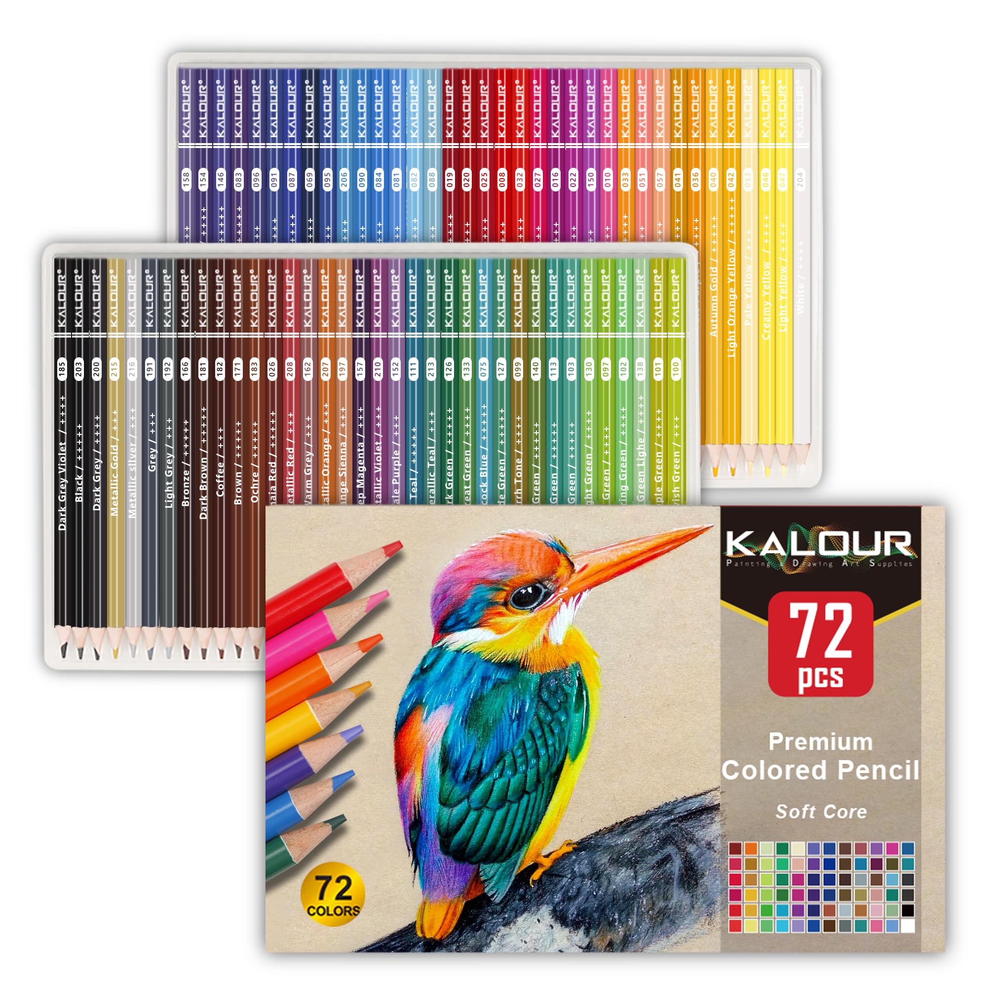 KALOUR set de 72 lápices de colores, ideal para adultos y jóvenes principiantes. Mina suave perfecta para dibujar, mezclar y sombrear. Regalo ideal.