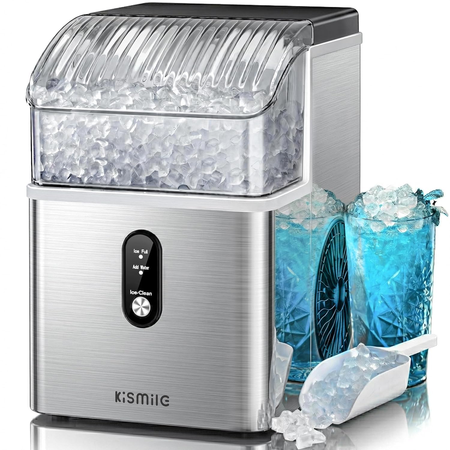 Kismile Máquina de hielo de pepitas para encimera, máquina de hielo portátil con hielo triturado, 35 libras/dÃa, autolimpieza, operación con un solo clic para uso doméstico (plata)
