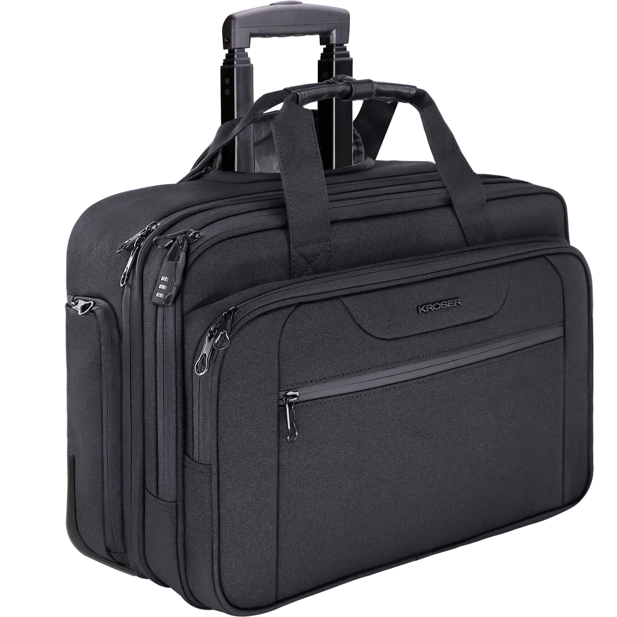 KROSER Maletín para Portátil con Ruedas Bolsa Premium Impermeable para Computadora hasta 17.3´´ Bolsa Hidrófugo Durante la Noche con Bolsillos RFID para Hombres/Mujeres-Negro