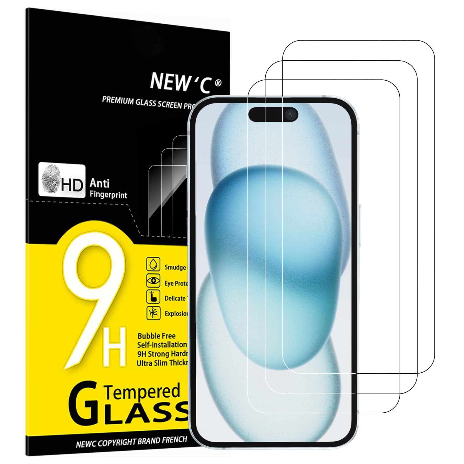 NEW'C 3 Piezas, Protector Pantalla para iPhone 15, iPhone 15 Pro (6,1 Pulgadas), Cristal templado Antiarañazos, Sin Burbujas, Dureza 9H, 0.33 mm Ultra Transparente, Ultra Resistente