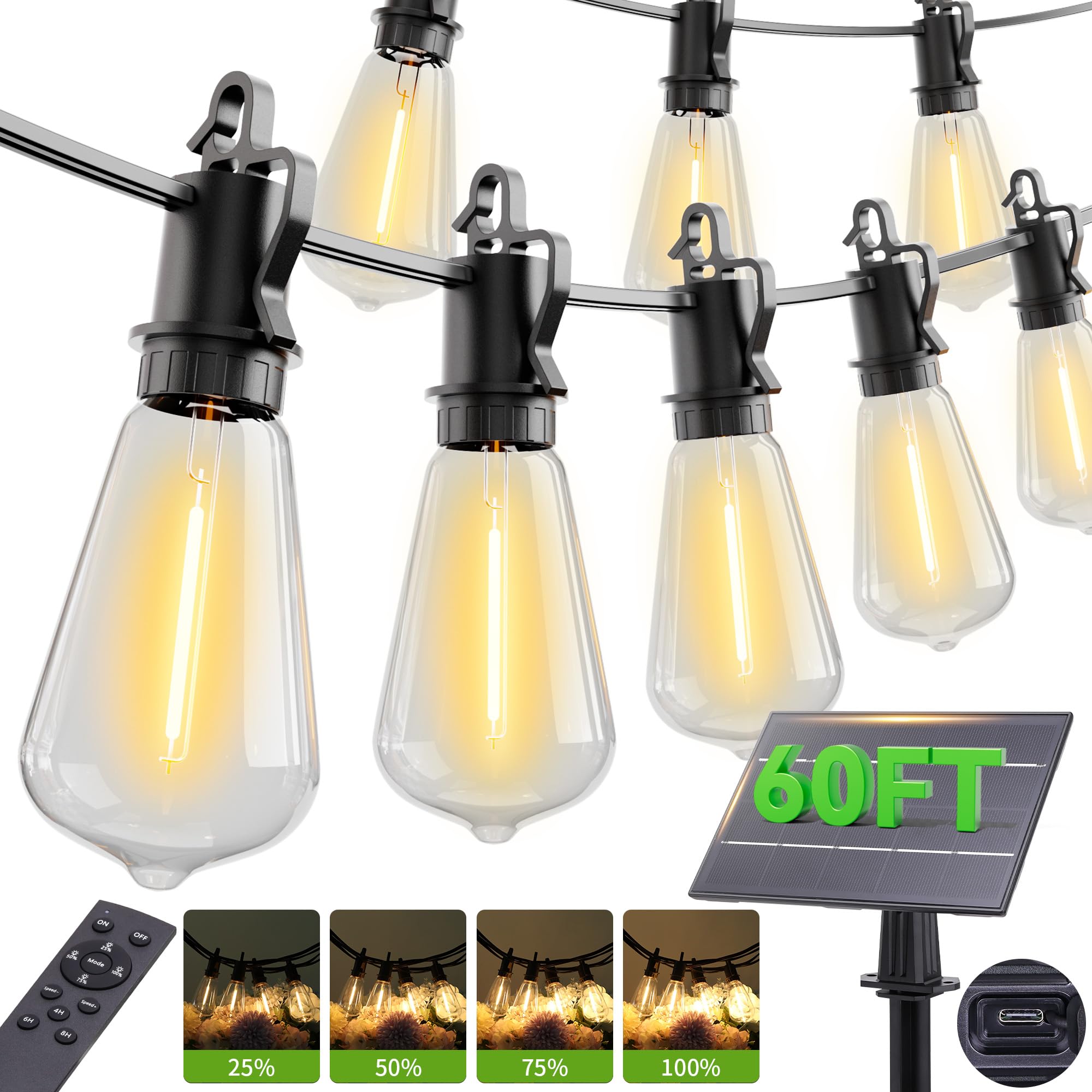 OOOLED Guirnalda de luces solares de 60 pies para exteriores con control remoto, IP65 impermeable, inastillable, ST38, 20 bombillas LED, luces colgantes exteriores regulables de 2700 K para patio