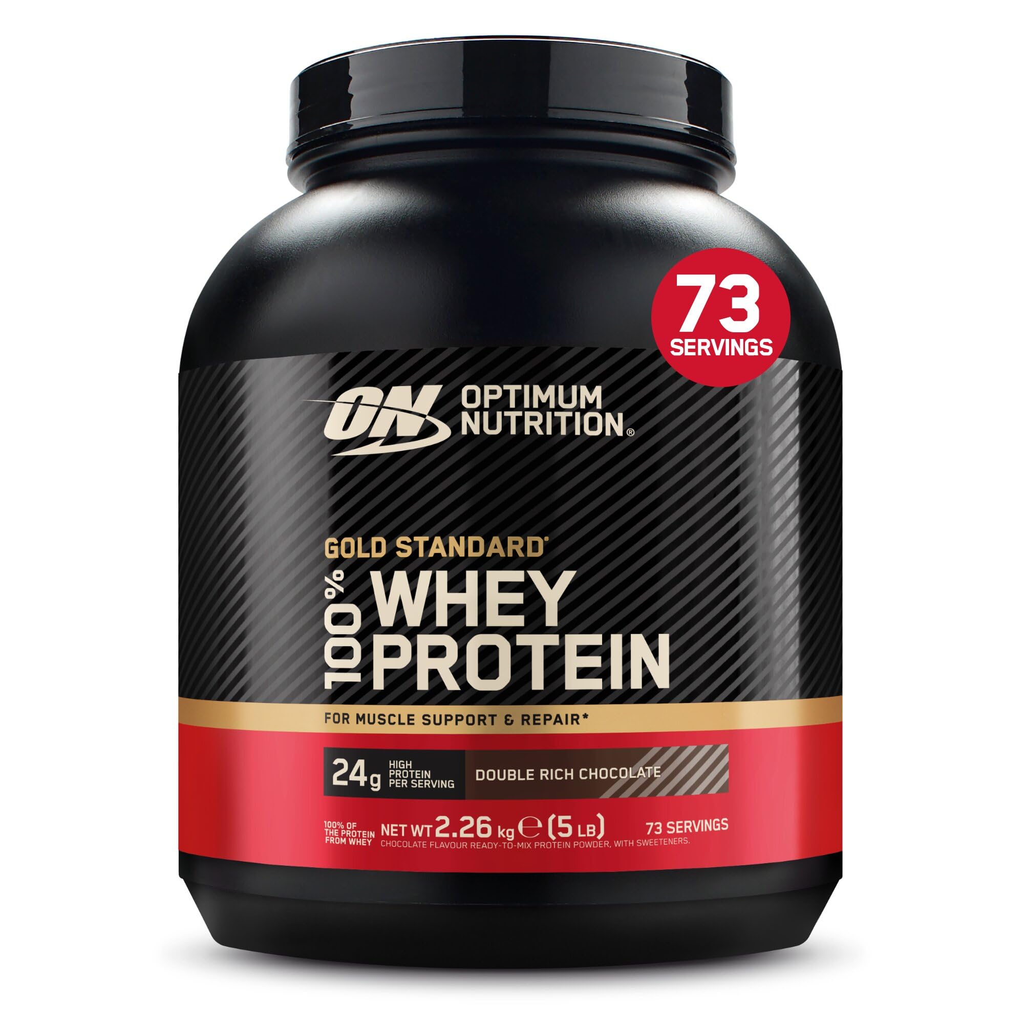 Optimum Nutrition Gold Standard 100% Whey, ProteÃna en Polvo, Sabor Doble Chocolate Rico, 2.26kg, 73 Servicios, Paquete Puede Variar