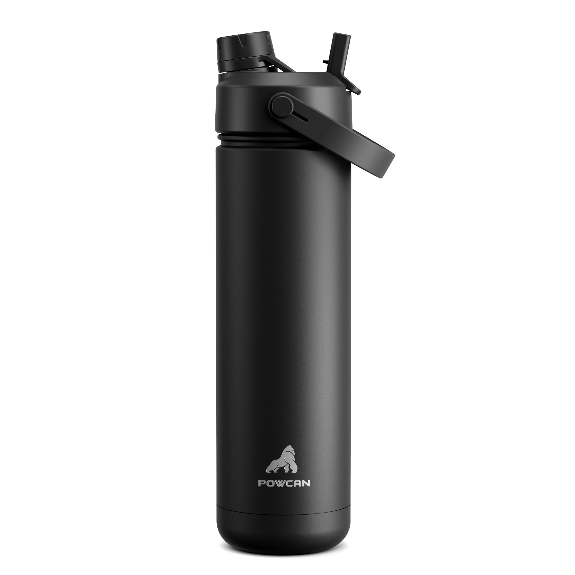 POWCAN Botella de agua térmica de 768 ml/26 oz con pajita y boquilla 2 en 1, mantiene el frÃo 24 horas, a prueba de fugas, se adapta al portavasos del coche, botella de acero inoxidable (Dark Knight)