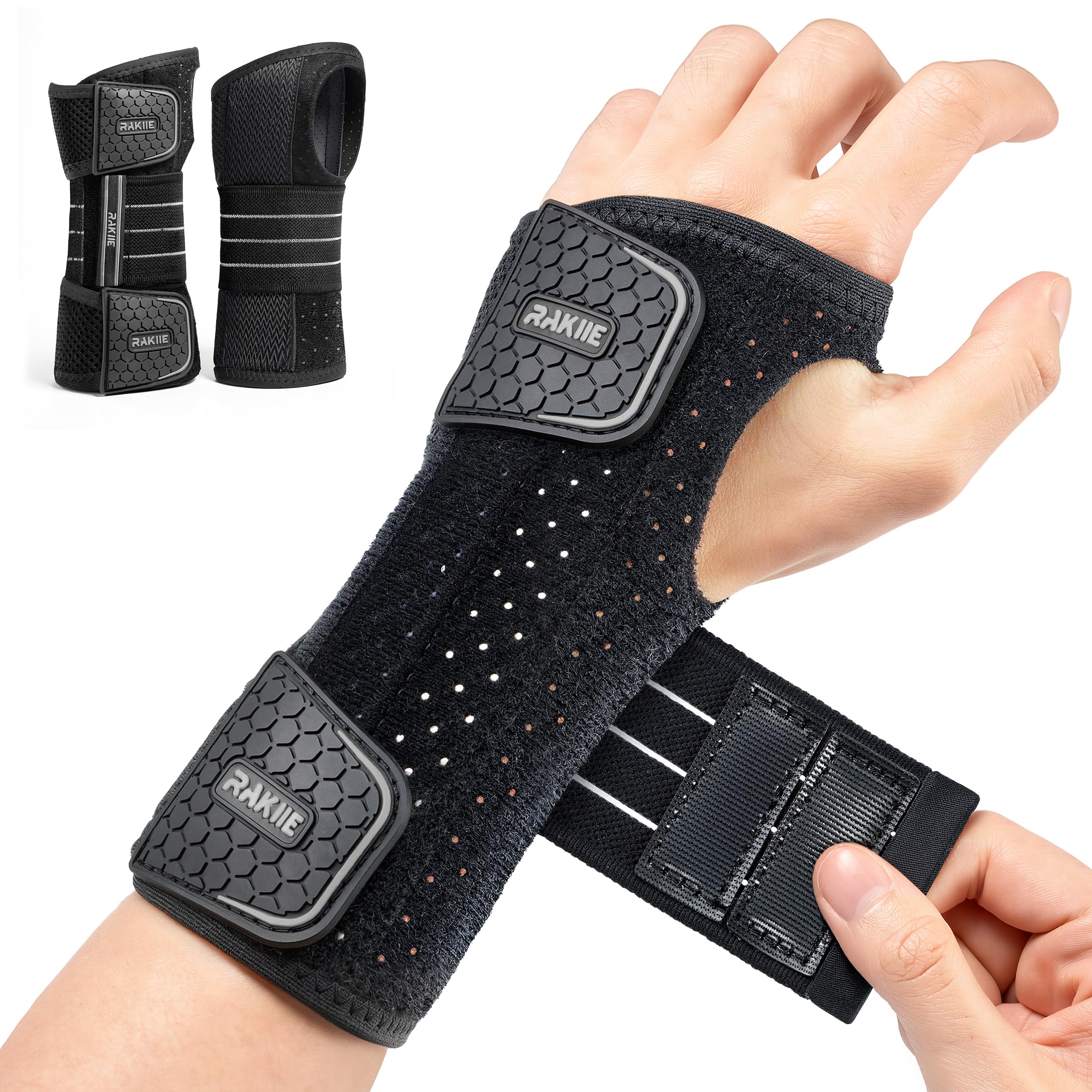 Rakiie 2 Férulas de Muñeca para Túnel Carpiano, Soporte Nocturno Ajustable con 3 Férulas Metálicas, sin Presión en el Pulgar, Unisex para Mano Izquierda/Derecha, Gris Talla M