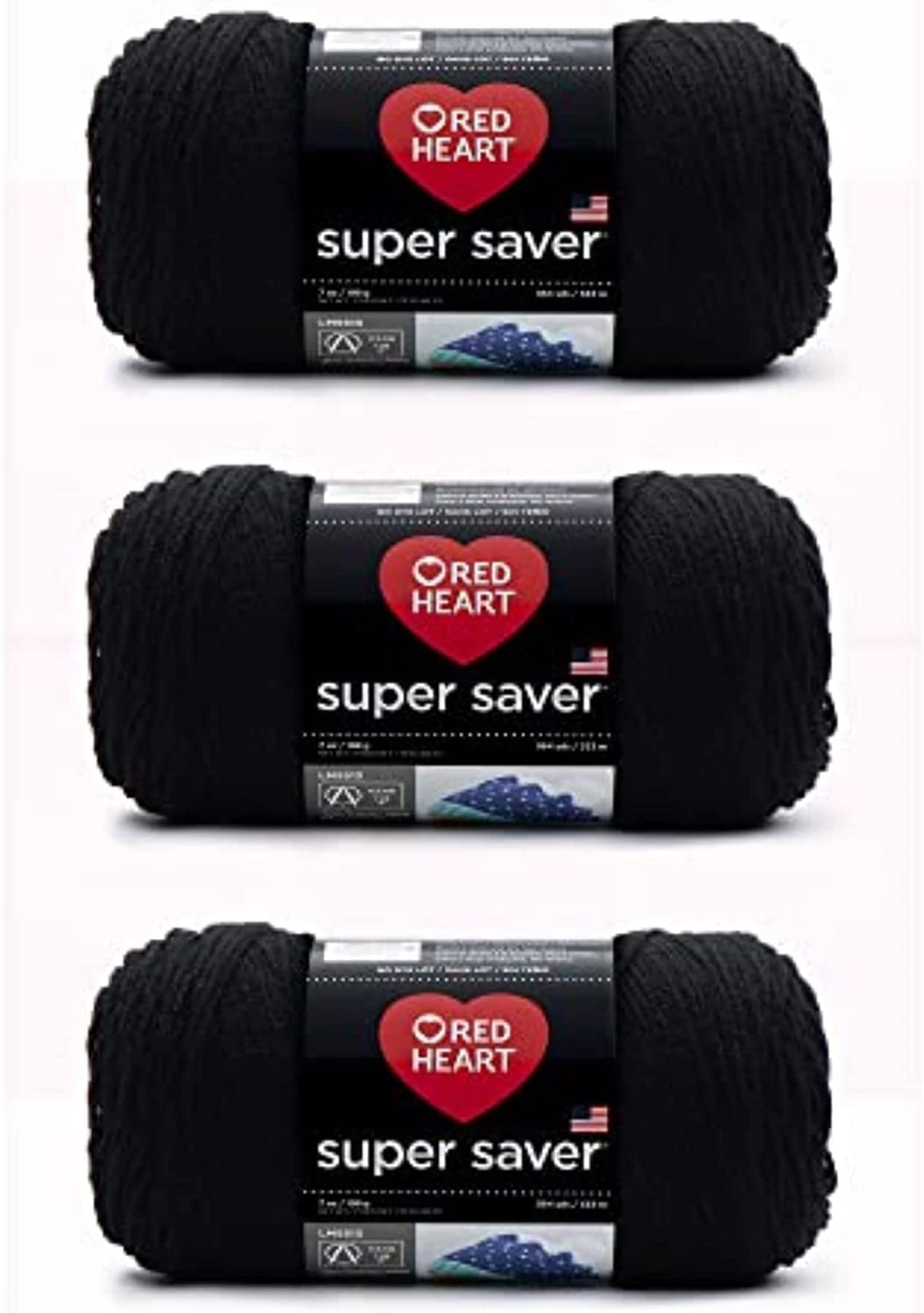 Red Heart Super Saver - Paquete de 3 unidades, color negro, 198 g, acrÃlico, 4 medianos (peinado), 364 yardas, tejer, ganchillo, manualidades y amigurumis
