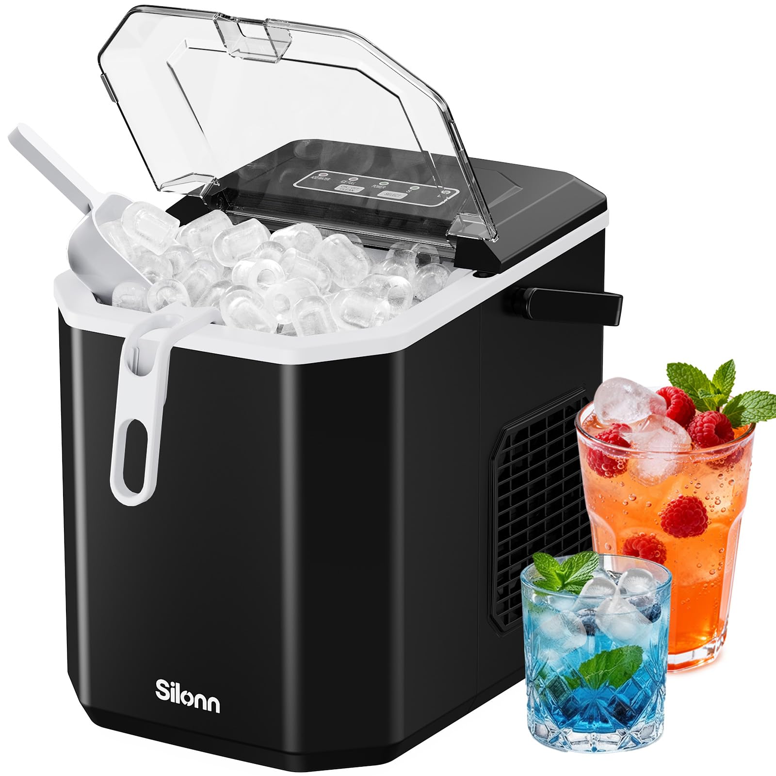 Silonn Máquina de hielo para encimera, máquina de hielo portátil con asa de transporte, máquina de hielo autolimpiable con cesta y pala, 9 cubos en 6 minutos, 26 libras por dÃa
