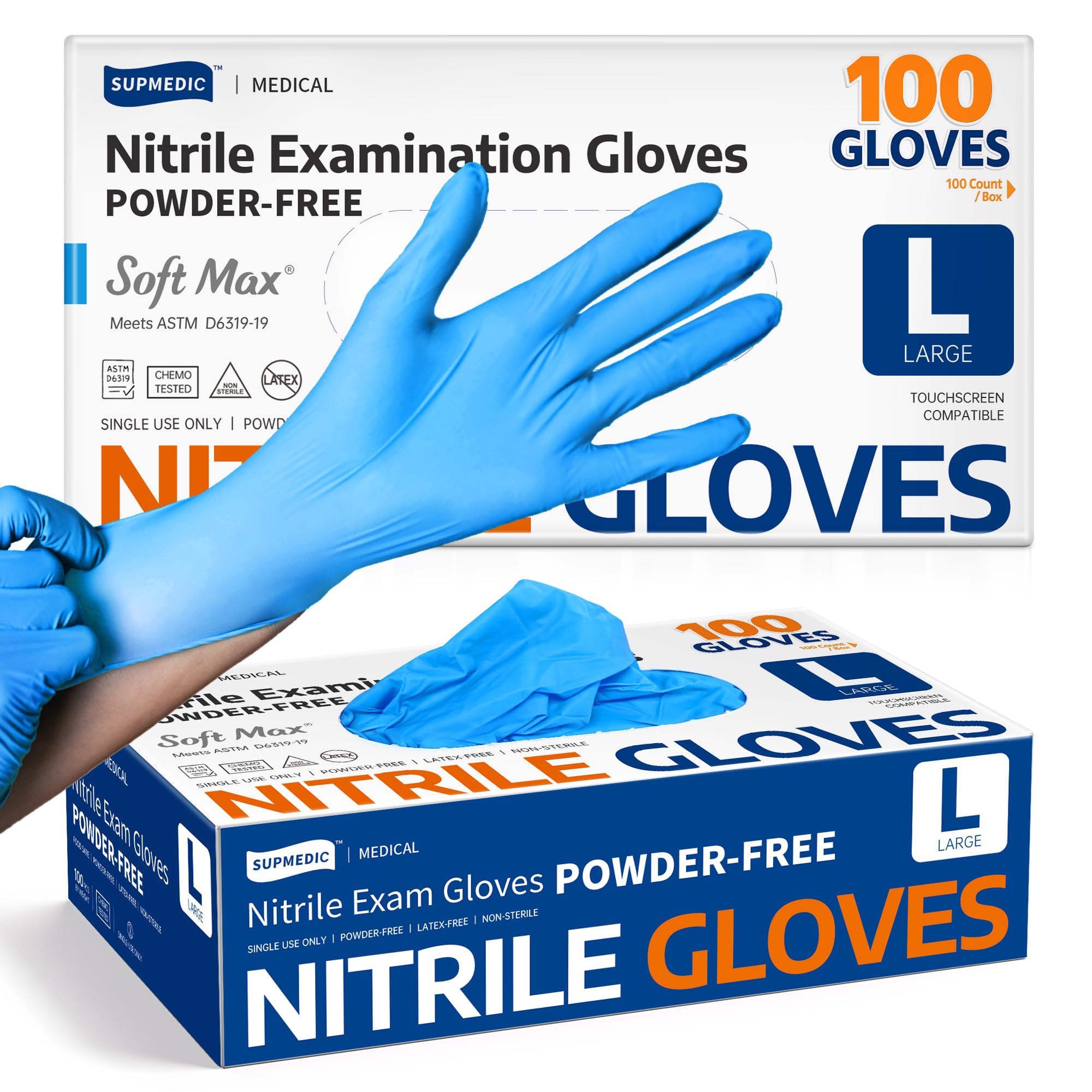 Supmedic Guantes médicos desechables de nitrilo de 3.5 mil, sin polvo, sin látex, caja de 100 unidades (azul) (grande)