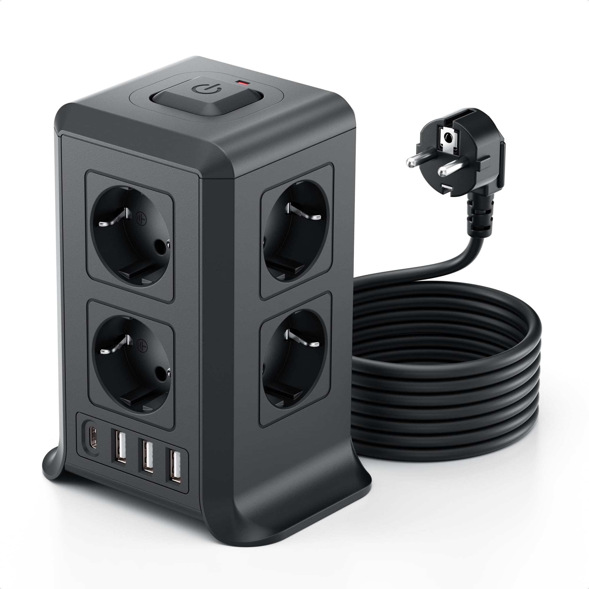 Torre Regletas Enchufes, Regleta USB 8 Tomas de AC y 4 USB Enchufe Multiple,Regleta Enchufes Proteccion Sobretension, 2 M Regreltas Vertical con Interruptor para Mesa, Oficia, Casa, Negro