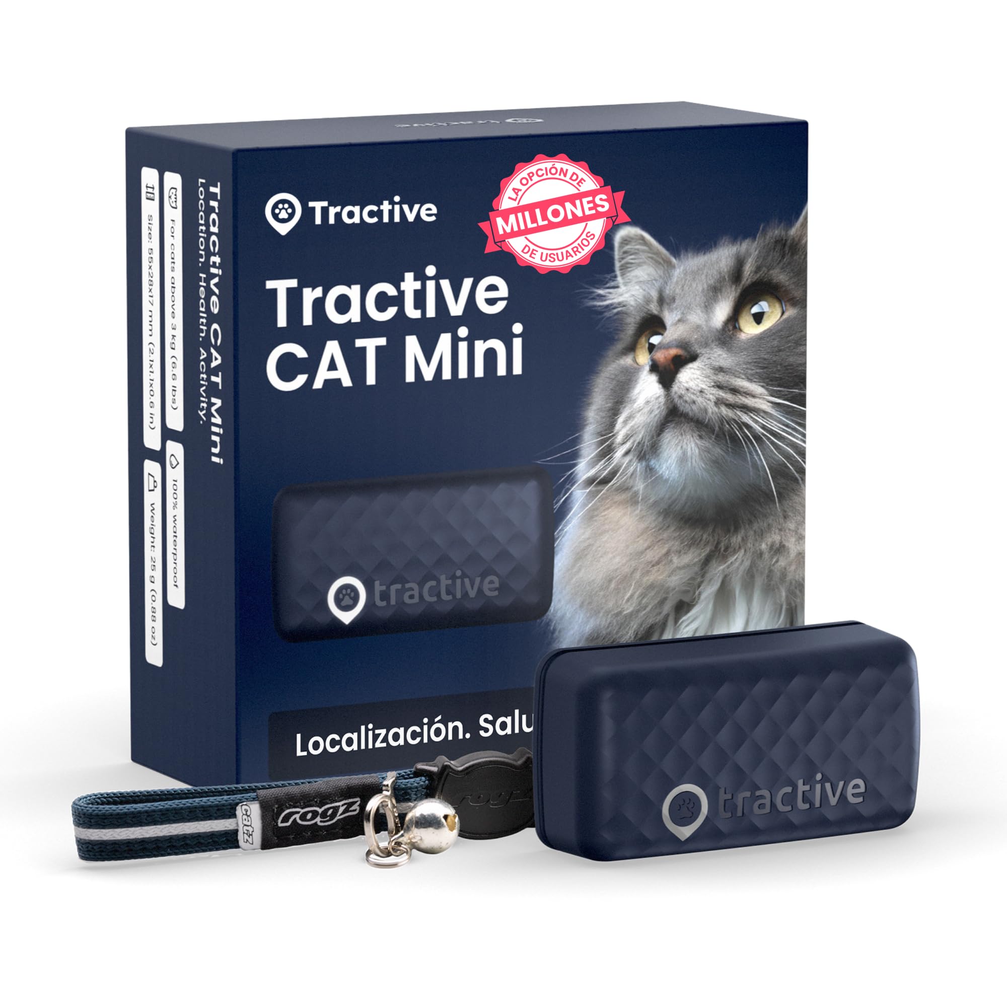 Tractive - Collar gato GPS Mini, Localización en tiempo real, Historial de ubicaciones, Avisos de salud, Monitor de actividad, Collar incluido