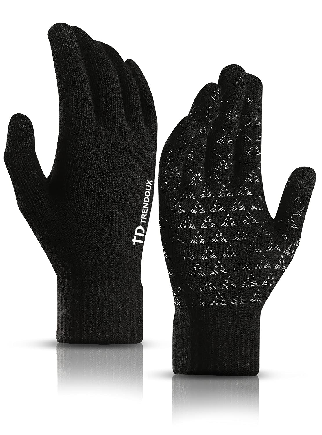 TRENDOUX Driving Gloves, Unisex Knit Winter Touchscreen Glove Men Women Texting Smartphone - Elastic Cuff - Thermal Wool Lining - Stretchy Material Black - L