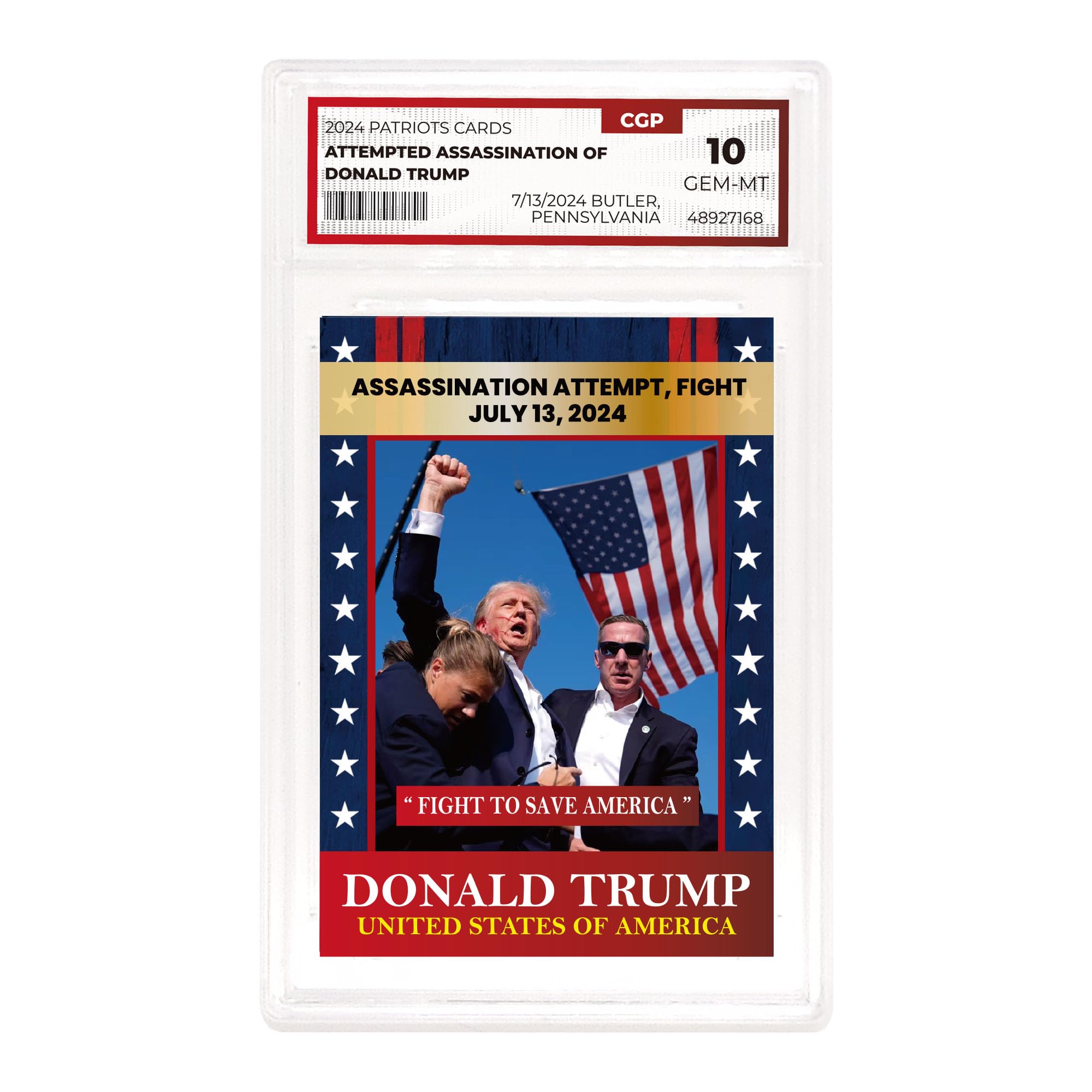 Trump Trading Card - Intento de asesinato - Gema 10 grados - Tarjeta coleccionable de Trump - Regalos de Trump - Trump 2024 - Haz que Estados Unidos vuelva a ser grande